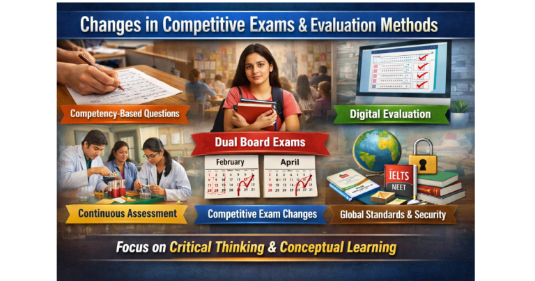 nfographic illustrating recent changes in competitive exam patterns and evaluation methods for students. Sections highlight dual board exams, competency-based assessment, digital evaluation, continuous internal assessment, and alignment with global standards. Icons depict students studying, exam sheets, laptops, checkmarks, and books, with a clear, bright educational layout.