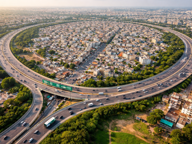 Aerial view of a growing Indian city showing a newly planned ring road encircling dense urban areas, with smoother traffic flow on the outer corridor and congested inner city roads easing.