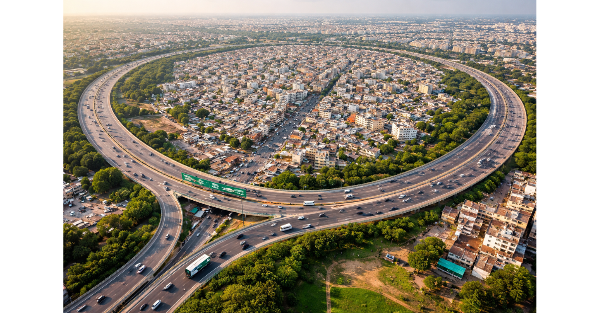 Aerial view of a growing Indian city showing a newly planned ring road encircling dense urban areas, with smoother traffic flow on the outer corridor and congested inner city roads easing.