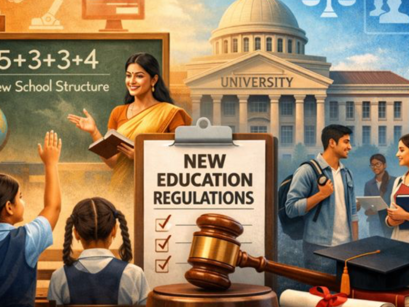Infographic showing recent changes in school and higher education regulations in India, highlighting the new school structure, unified higher education regulator, equity measures, and technology-driven reforms.