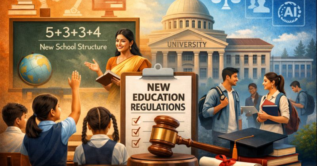 Infographic showing recent changes in school and higher education regulations in India, highlighting the new school structure, unified higher education regulator, equity measures, and technology-driven reforms.