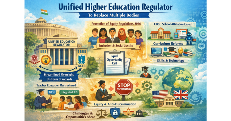 "Students and teachers in a modern Indian school and university campus, using digital learning tools and classrooms, representing education reforms, skill-based learning, and inclusive education."