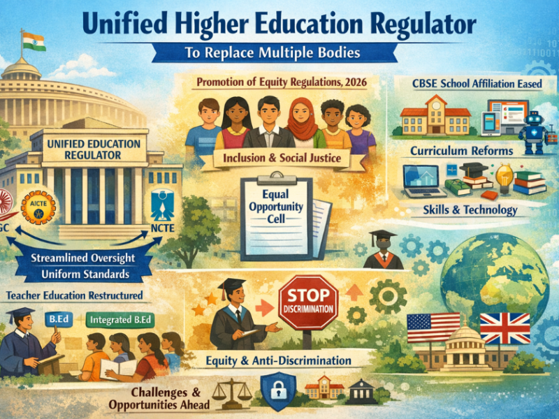 "Students and teachers in a modern Indian school and university campus, using digital learning tools and classrooms, representing education reforms, skill-based learning, and inclusive education."