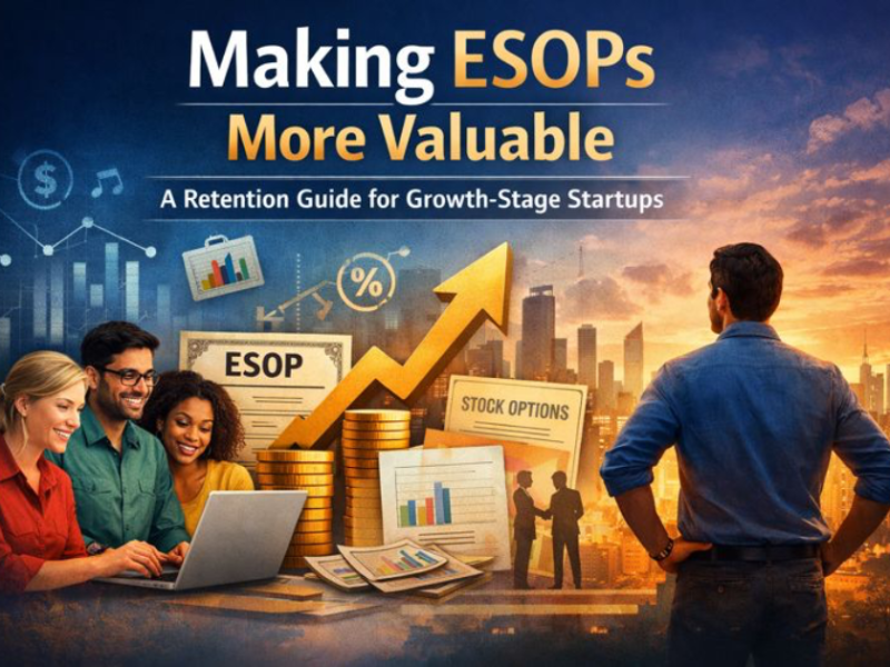 Illustration showing startup employees reviewing ESOP documents and growth charts while a founder looks toward a rising city skyline, symbolising long-term value creation through employee stock ownership.