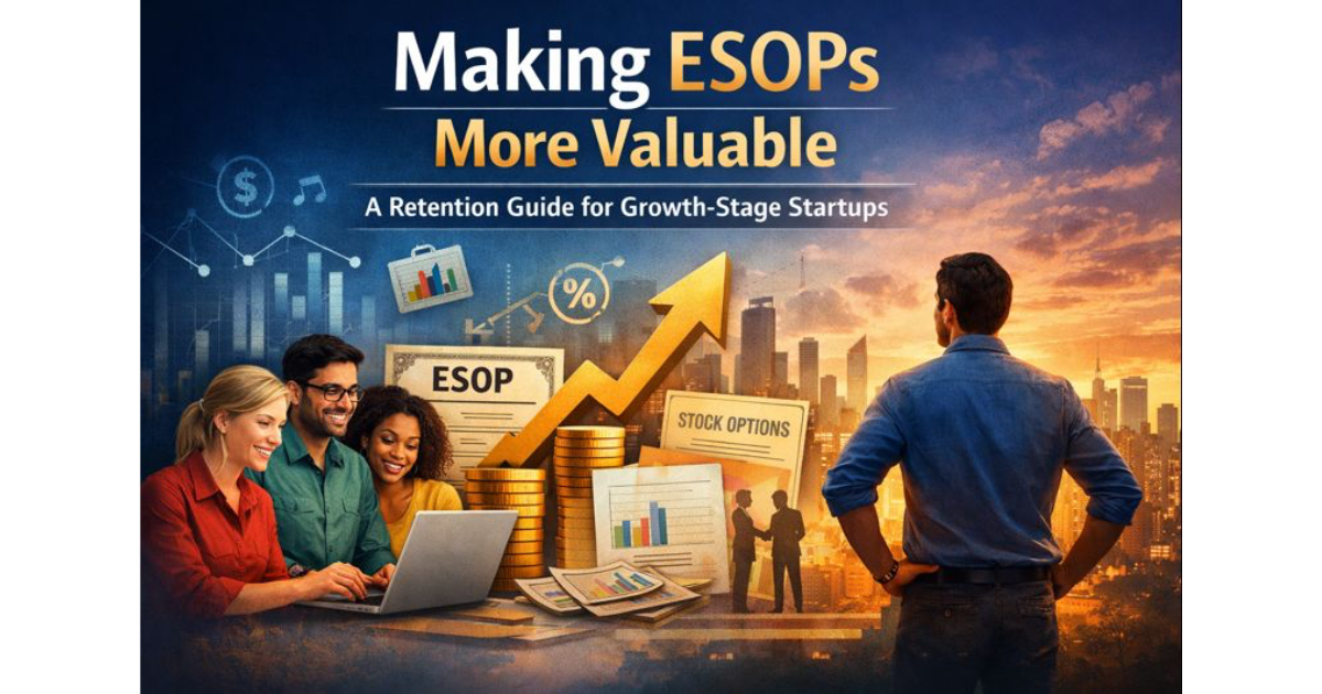 Illustration showing startup employees reviewing ESOP documents and growth charts while a founder looks toward a rising city skyline, symbolising long-term value creation through employee stock ownership.