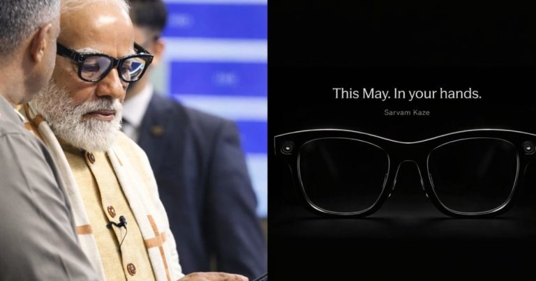 Prime Minister Modi trying the AI-powered Sarvam smartglasses during a demonstration by Indian startup Sarvam AI