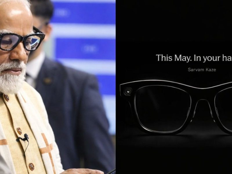 Prime Minister Modi trying the AI-powered Sarvam smartglasses during a demonstration by Indian startup Sarvam AI