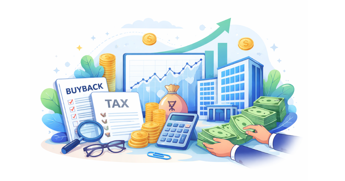 Illustration showing stock market charts, company buyback documents, and tax symbols representing changes in MAT rules and capital gains tax from April 1.