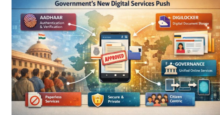 An Indian citizen using a smartphone to access government digital services, with visual icons representing Aadhaar authentication, DigiLocker documents, and e-governance portals connected through a secure digital network.
