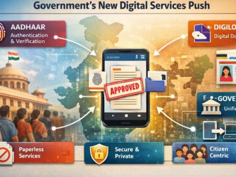 An Indian citizen using a smartphone to access government digital services, with visual icons representing Aadhaar authentication, DigiLocker documents, and e-governance portals connected through a secure digital network.