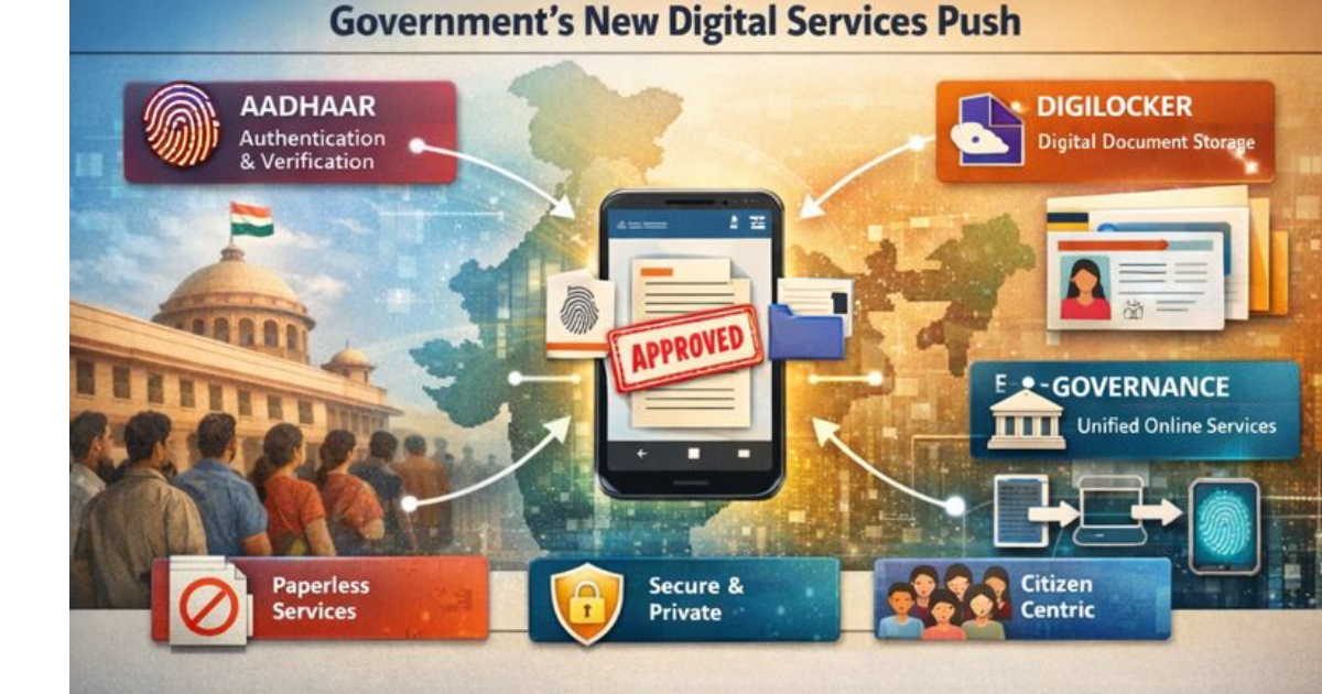 An Indian citizen using a smartphone to access government digital services, with visual icons representing Aadhaar authentication, DigiLocker documents, and e-governance portals connected through a secure digital network.