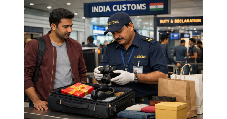 Indian customs officer inspecting personal baggage at an international airport as new personal import rules and reduced customs duty come into effect.