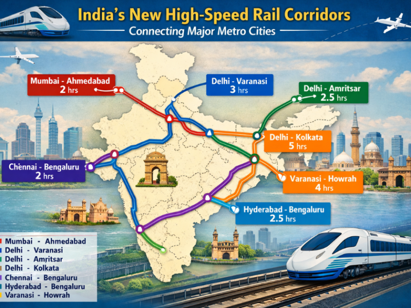 A modern high-speed train traveling at full speed on elevated tracks, with a backdrop of Indian metro city skylines representing seven major corridors connecting cities like Mumbai, Delhi, Bengaluru, and Chennai.