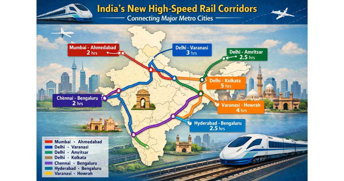 A modern high-speed train traveling at full speed on elevated tracks, with a backdrop of Indian metro city skylines representing seven major corridors connecting cities like Mumbai, Delhi, Bengaluru, and Chennai.